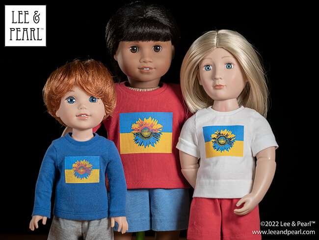 Lee & Pearl stand in solidarity with Ukraine. Mother Theresa once said — do small things, with great love. This is about the smallest thing we can do, but we offer it with all our love for the people of Ukraine in the horror they face. CLICK to visit our newsletter and download the FREE Ukraine Flag and Sunflower Heat Transfer for 18 Inch, 16 Inch and 14 1/2 Inch Doll T-Shirts Printable PDF. Thank you!
