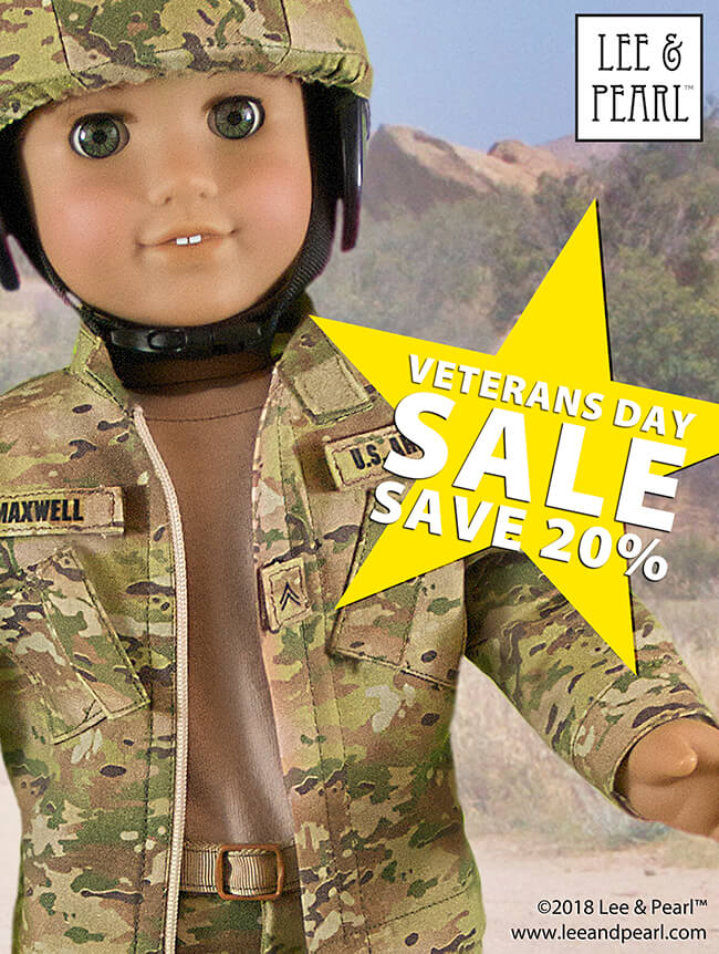 Happy Veterans Day! Join us in honoring our valiant armed forces with a 20% OFF SALE on every just-like-the-real-thing Lee & Pearl military uniform sewing pattern for 18 inch dolls. This sale includes our ARMY COMBAT UNIFORM pattern, our PATROL CAP and BUSH HAT patterns — and our already-discounted multi-pattern Military Uniform, Caps and Hats BUNDLE for 18 Inch Dolls. This sale will only last for ONE DAY — ending at midnight on November 11, 2019. Don’t miss out!