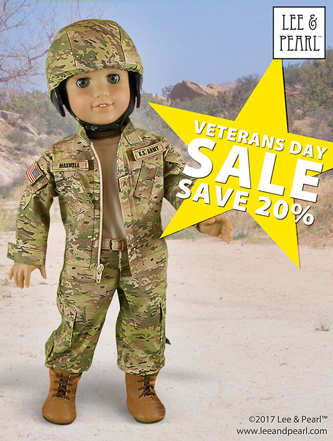 Happy Veterans Day! Join us in honoring our valiant armed forces with a 20% OFF SALE on every just-like-the-real-thing Lee & Pearl military uniform sewing pattern for 18 inch dolls. This sale includes our ARMY COMBAT UNIFORM pattern, our PATROL CAP and BUSH HAT patterns — and our already-discounted multi-pattern Military Uniform, Caps and Hats BUNDLE for 18 Inch Dolls. This sale will only last for ONE DAY — ending at midnight on November 11, 2019. Don’t miss out!