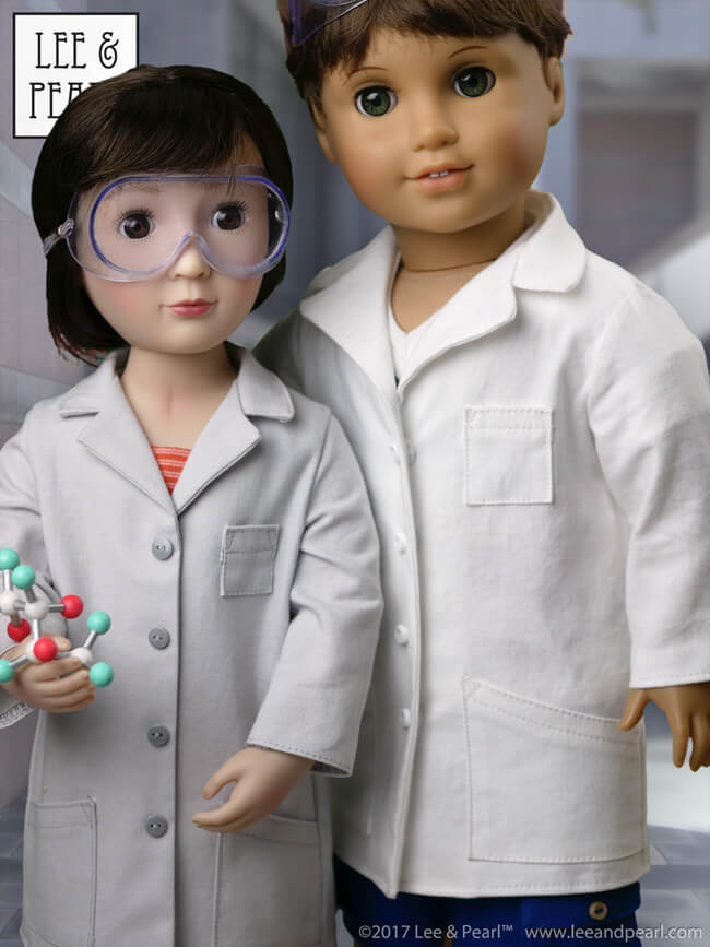DON’T MISS OUT! Pattern 1025: She Blinded Me with Science Unisex Lab Coat and Safety Goggles for 18 Inch American Girl, 16 Inch A Girl for All Time and 14 1/2 Inch Wellie Wisher dolls will be our FREE pattern for Lee & Pearl mailing list subscribers for just a few more days. We’ll debut a new pattern soon — to receive BOTH patterns for free, sign up NOW!