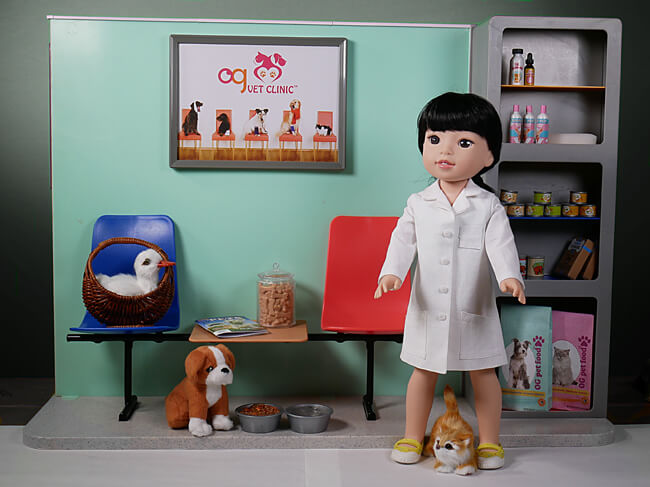 Attention ANIMAL LOVERS — enjoy plenty of creative doll play with the Our Generation Healthy Paws Vet Clinic and Lee & Pearl Pattern 1025: She Blinded Me with Science Unisex Lab Coats and Safety Goggles for 18 Inch, 16 Inch and 14 1/2 Inch Dolls. This pattern is our FREE gift to Lee & Pearl mailing list subscribers through early 2018. We’ll debut a new 2018 FREE Pattern soon. To get BOTH patterns, be sure to sign up for our mailing list soon at www.leeandpearl.com before we release the new pattern. And please tell your friends to sign up, too — we don’t want anyone missing out!