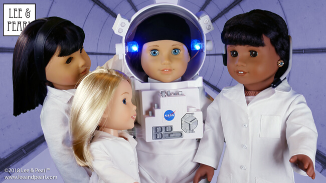 Lee & Pearl ♥ SPACE! We’re so excited about American Girl’s 2018 SPACE theme. We got ahead of the STEM curve last year with our Pattern 1025: She Blinded Me with Science Unisex Lab Coat (or Unlined Coat) and Safety Goggles for Dolls — but this pattern will be our FREE GIFT to mailing list subscribers for only a little while longer. Don't miss out. Sign up for our mailing list soon at http://leeandpearl.com/index.html#freepattern to make sure your dolls are science lab and space station ready!
