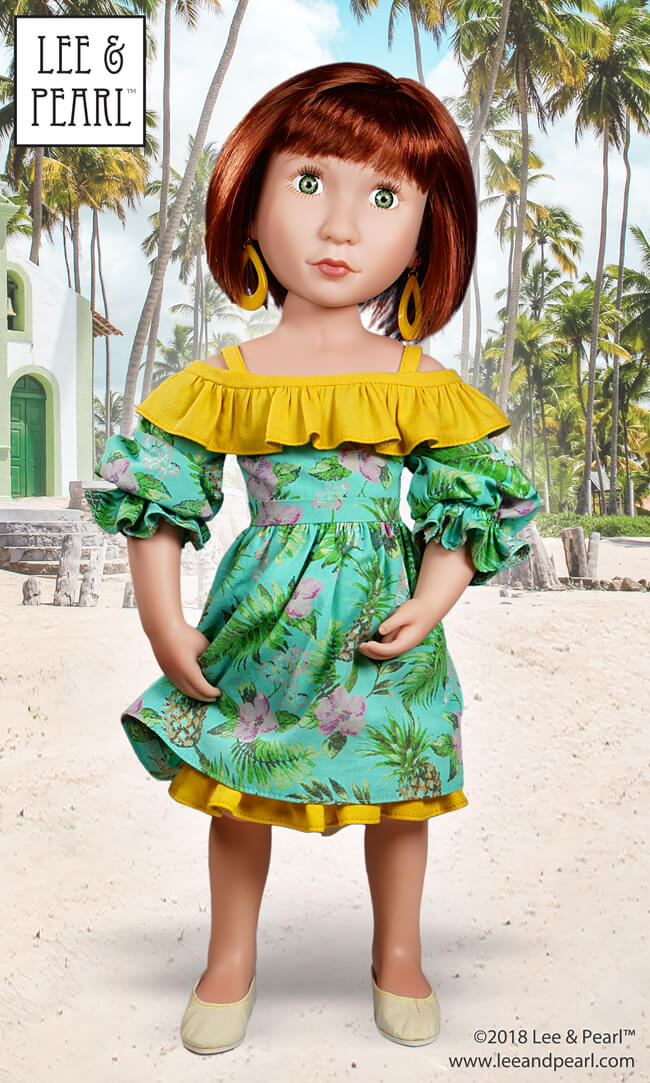 Make flattering summer tops and tropical dresses for 18 inch American Girl dolls, 16 inch A Girl for All Time dolls or 14 1/2 inch Wellie Wisher or similar play dolls using the NEW multi-sized Lee & Pearl Pattern 1035: Olá Brasil! Off-the-Shoulder Samba Top, Bahia Dress and Traditional Brazilian Baiana Headwrap. Find this unique and lovely pattern in the Lee & Pearl Etsy store!