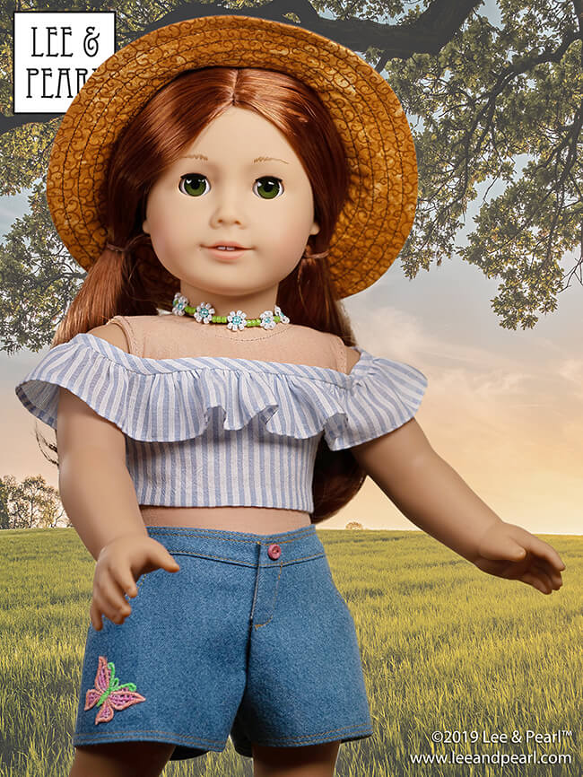 Lee & Pearl are thrilled to welcome American Girl® Girl of the Year™ Blaire Wilson! We made this Blaire-appropriate outfit using Lee & Pearl patterns, including a NEW Tweak-the-Pattern version of our Olà Brasil Samba Top and Bahia Dress. Get your own copy of this FREE tweak in our newsletter archive, and Pattern 1035: Olà Brasil for 18 inch, 16 inch and 14 1/2 inch dolls in our Etsy store.
