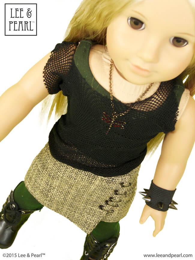 We reimagined our American Girl doll Julie as a teenage 80s Punk Rock music lover in this outfit, made using Lee & Pearl Pattern 1041: Slim Skirts, Denim and Pencil Skirts and Pattern 1051: Ballet Basics Leotard and Unitard for 18 Inch Dolls.