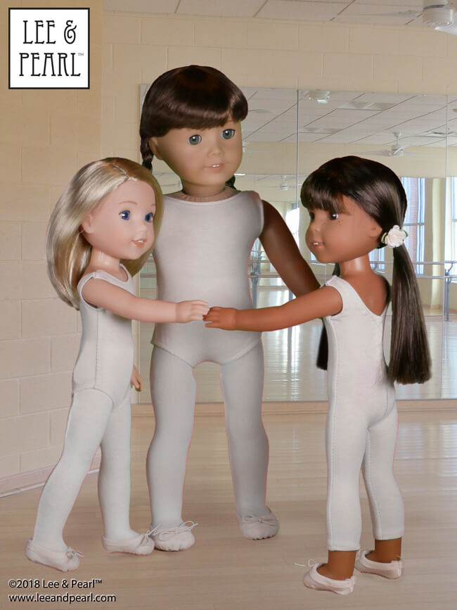 Introducing Lee & Pearl Pattern 1051: Ballet Basics Leotard, Unitard and One Piece Swimsuit for 18 Inch, 16 Inch and 14 1/2 Inch Dolls – an essential basics pattern, newly redesigned for a perfect, individualized fit on each doll size. This pattern is also a great introduction to working with stretch fabrics, as it includes our careful directions and NO SERGER? NO PROBLEM tips and tricks. Find this flexible basics pattern for American Girl, A Girl for All Time and Wellie Wisher dolls in the leeandpearl Etsy shop.