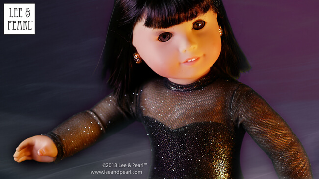 We made this sparkling catsuit costume for our American Girl doll skater using pattern pieces from our Pattern 1054: Superheroes! Cosplay Costumes and directions from our Pattern 1051: Ballet Basics Leotard and Unitard for 18 Inch Dolls. Find BOTH patterns — and our Pattern 1055 Skating Dresses — in the NEW Lee & Pearl Dance and Sports Performance Pattern Bundle, available in our Etsy store!