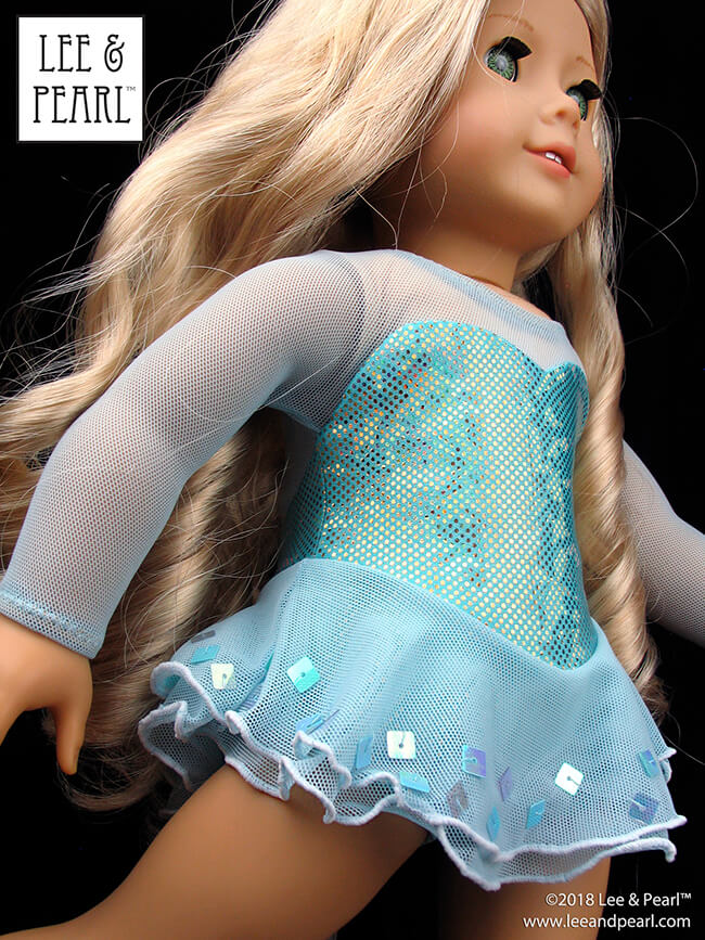 HALF PRICE WHILE SUPPLIES LAST — SKY BLUE stretch mesh in the Lee & Pearl Etsy shop. This is a gorgeous fabric — the same sturdy 82/18 mesh as our skin tone meshes, but in a really pretty, flattering clear blue. It's perfect for skating and ice dancing dresses, gymnastic leotards, dance outfits, strapless gowns, pageant dress inserts, cosplay and costumes for dolls — or humans!