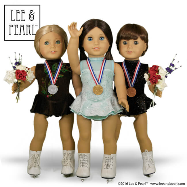 Make gold, silver and bronze-winning looks for your American Girl dolls, using Lee & Pearl Pattern 1055: Skating Dresses for 18 Inch Dolls and our easy tutorial for gold, silver and bronze medals.