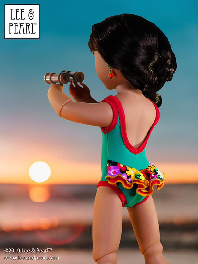 COMING VERY SOON — Lee & Pearl Pattern 1058: Retro Ruffled Swimsuit and High Waisted Bikini, newly re-designed for 16 inch A Girl for All Time dolls and 14 1/2 inch WellieWishers and similar dolls as well as 18 inch American Girl sized dolls.