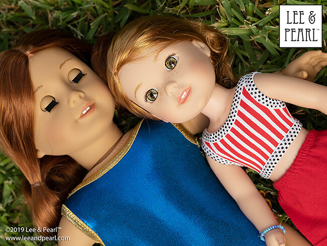 Who else is waiting for the fireworks to start? Our American Girl® doll is wearing a sparkly red-white-and-blue swimsuit that we made using Lee & Pearl Pattern 1058: Retro Ruffled Swimsuit and High Waisted Bikini for Dolls. Her 14 1/2 inch Wellie Wisher friend is wearing the bikini top from this pattern as a cute crop top. Get this great multi-size sewing pattern for dolls in the Lee & Pearl Etsy store.