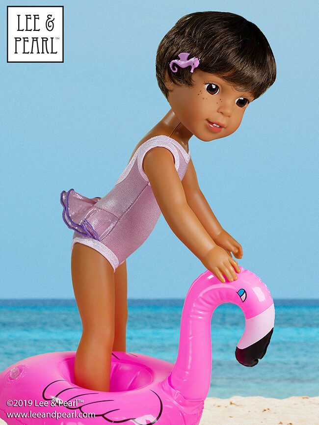 Welcome summer with Lee & Pearl and our prettiest doll swimsuit pattern — Pattern 1058: Retro Ruffled Swimsuit and High Waisted Bikini for Dolls — NOW AVAILABLE for 16 inch A Girl for All Time® dolls and 14 1/2 inch WellieWishers® and similar dolls, as well as 18 inch American Girl® dolls.