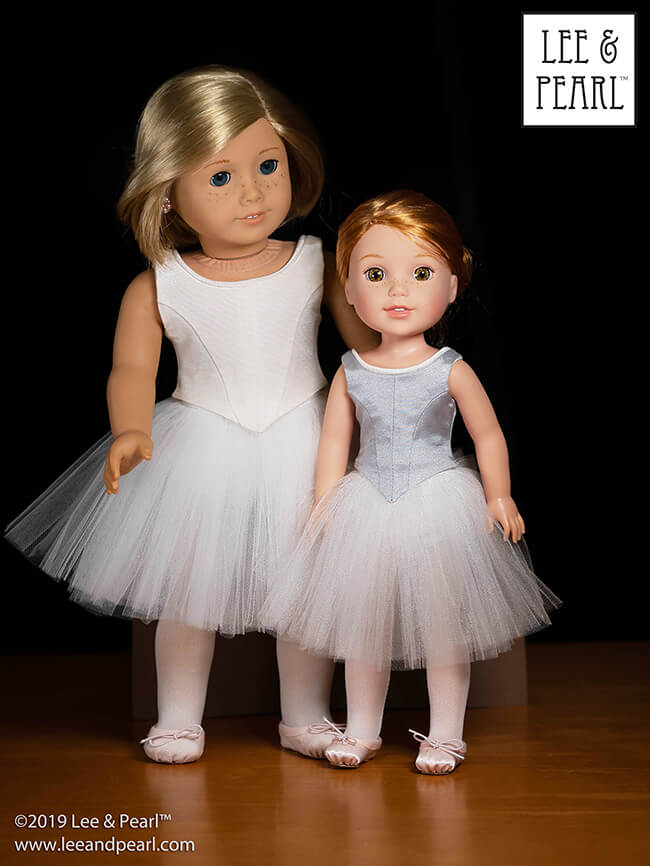 We are proud to announce the release of Lee & Pearl Ballet Performance patterns — newly redesigned for 16 inch A Girl for All Time® dolls and 14 1/2 inch WellieWishers® and similar dolls, as well as 18 inch American Girl® dolls. Buy both patterns, or get the discounted bundle for ultimate mix-and-match flexibility to make just-like-the-real-thing dance and recital tutus and costumes for all your favorite dolls.
