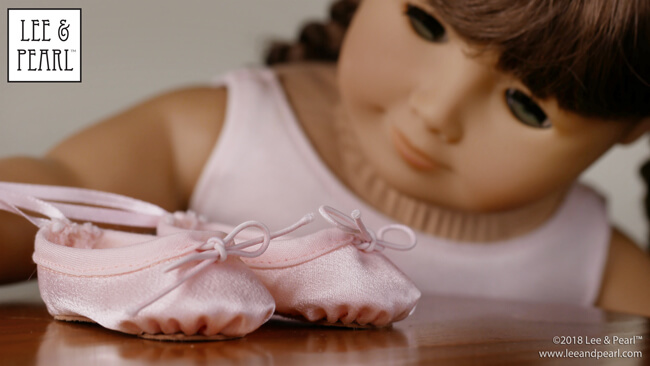 Introducing Lee & Pearl Pattern 1075: Ballet Slippers for 18 Inch, 16 Inch and 14 1/2 Inch Dolls — just like the real thing, and so easy to make you won't believe it. Your dolls will love these perfectly scaled ballet shoes, complete with pleated toes and working elastic cord ties. And you’ll love the easy to sew preparatory steps we designed to take the free-handing anguish out of making doll shoes. Find this wonderful new pattern for American Girl, A Girl for All Time and Wellie Wisher dolls in the leeandpearl Etsy shop.