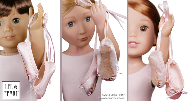 Introducing Lee & Pearl Pattern 1075: Ballet Slippers for 18 Inch, 16 Inch and 14 1/2 Inch Dolls — just like the real thing, and so easy to make you won't believe it. Your dolls will love these perfectly scaled ballet shoes, complete with pleated toes and working elastic cord ties. And you’ll love the easy to sew preparatory steps we designed to take the free-handing anguish out of making doll shoes. Find this wonderful new pattern for American Girl, A Girl for All Time and Wellie Wisher dolls in the leeandpearl Etsy shop.