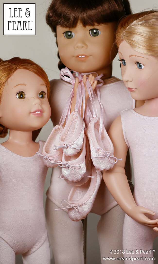 Introducing Lee & Pearl Pattern 1075: Ballet Slippers for 18 Inch, 16 Inch and 14 1/2 Inch Dolls — just like the real thing, and so easy to make you won't believe it. Your dolls will love these perfectly scaled ballet shoes, complete with pleated toes and working elastic cord ties. And you’ll love the easy to sew preparatory steps we designed to take the free-handing anguish out of making doll shoes. Find this wonderful new pattern for American Girl, A Girl for All Time and Wellie Wisher dolls in the leeandpearl Etsy shop.