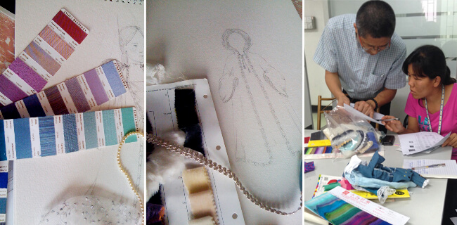 Meet the Dollmaker — Lee & Pearl interview Frances Cain, the creator of the A Girl for All Time® line of historical and modern 16 inch play dolls | Photo: Drawing and Mood Boards for Matilda's Cloak; the team works on doll costumes in the Far East. Image courtesy of Daughters of History Ltd.