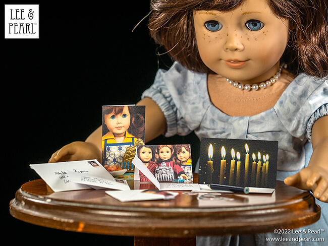 Please enjoy these FREE printable Chanukah cards for dolls from Lee & Pearl, featuring full-color images of our American Girl® dolls with their Chanukah menorahs — made using another FREE downloadable craft from our tutorial collection, replica circa 1900 chanukiyahs!