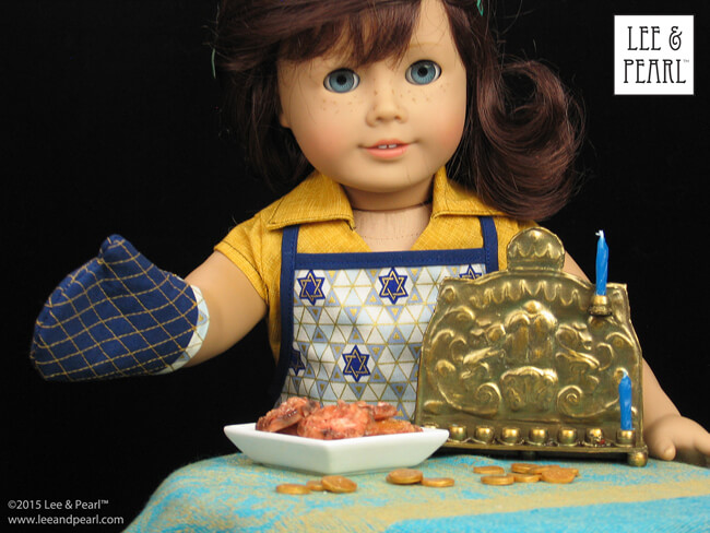 Happy Chanukah from Lee & Pearl! Make your dolls their own circa 1900 traditional Chanukah Menorah (Chanukiya) using a dollar store baking sheet, some plastic beads — and our downloadable template, video tutorial and detailed newsletter directions.