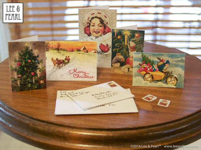 All this week, we have showcased last minute gift ideas for 18 inch doll lovers in Lee & Pearl newsletters. Today, we have doll GIFTS FOR YOU. Please download and enjoy our FREE contemporary Christmas card printable, FREE vintage Christmas card printable, FREE Holiday Stocking pattern and FREE Knitted Slipper pattern for dolls. Happy Holidays and Merry Christmas from Lee & Pearl!