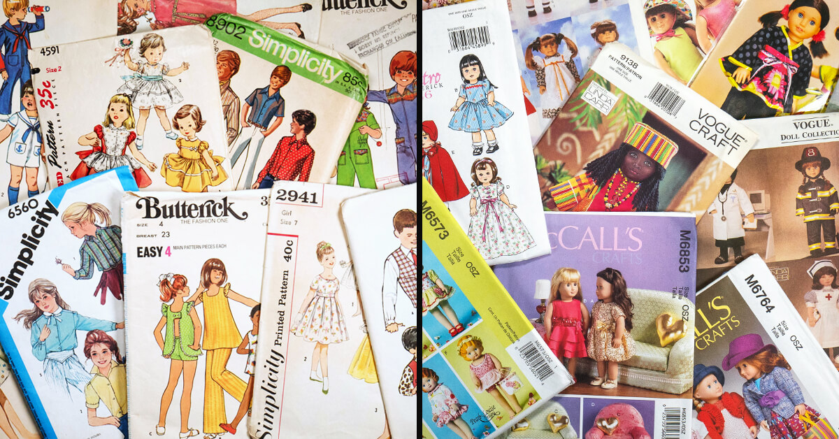 It's Cyber Week at Lee & Pearl — Day Three! Today we're turning our focus to the printed pattern sections of our Etsy store, where our designer and long-time pattern collector Pearl has prepared huge new releases from her collection of store-bought 18" doll patterns and adorable vintage kids' patterns, which are perfect for sewing unique gifts or for doll wardrobe inspiration.