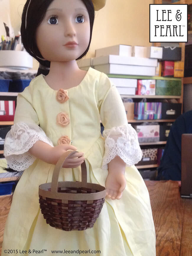Happy Easter from Lee & Pearl! Make beautiful Easter baskets for your 18 inch / American Girl dolls — or similar dolls, like our 16 inch A Girl for All Time Lydia — using inexpensive ribbon, card stock and Lee & Pearl’s FREE tutorial and printable package.