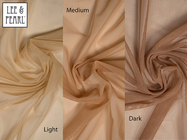 LIGHT, MEDIUM and DARK skin tone STRETCH MESH, now available in the Lee & Pearl Etsy shop. This 60" wide fabric is high quality and sturdy, made of 82% Nylon / 18% Spandex for full four-way stretch. It's perfect for skating and ice dancing dresses, gymnastic leotards, dance outfits, strapless gowns, pageant dress inserts, cosplay and costumes for dolls — or humans!