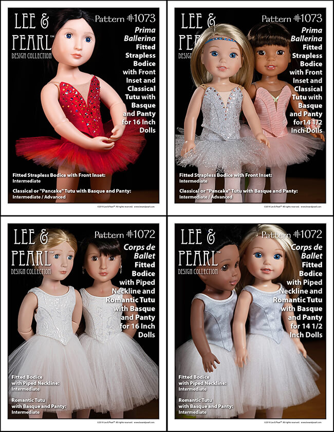 We are proud to announce the release of Lee & Pearl Ballet Performance patterns — newly redesigned for 16 inch A Girl for All Time® dolls and 14 1/2 inch WellieWishers® and similar dolls, as well as 18 inch American Girl® dolls. Buy both patterns, or get the discounted bundle for ultimate mix-and-match flexibility to make just-like-the-real-thing dance and recital tutus and costumes for all your favorite dolls.