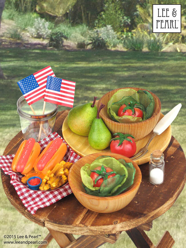 Have a picnic with your 18” dolls! Visit the Lee & Pearl July 4th 2015 Picnic Pictorial at http://www.leeandpearl.com/pictorials.html for links and sources for all our doll-scaled party supplies. And make your own easy salads using two colors of polyester organza and the “lettuce” tutorial in the July 2015 Newsletter — available in the Lee & Pearl Newsletter Archive at http://www.leeandpearl.com/newsletters.html