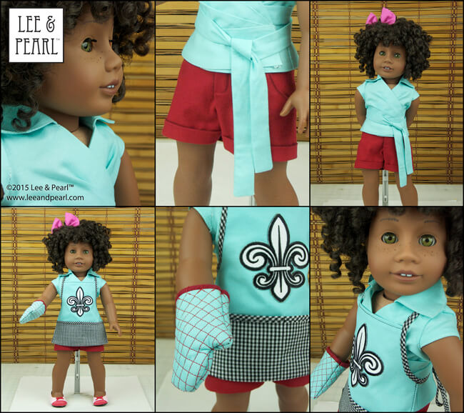 Our American Girl™ doll #58 wears an outfit made using our Bonjour, Paris Fabric & Trim Kit and Lee & Pearl patterns #1033: Bonjour, Paris Mini Wardrobe for 18” Dolls, #1022: Cookie Time Apron, Pinafore and Oven Mitt for 18” Dolls, and #1031: Classic Wrap Dress and Peplum Top for 18” Dolls. Get #1022 and #1031 in our Etsy store at https://www.etsy.com/shop/leeandpearl and #1033 as our 2015 FREE gift to newsletter subscribers at http://leeandpearl.com/index.html#freepattern