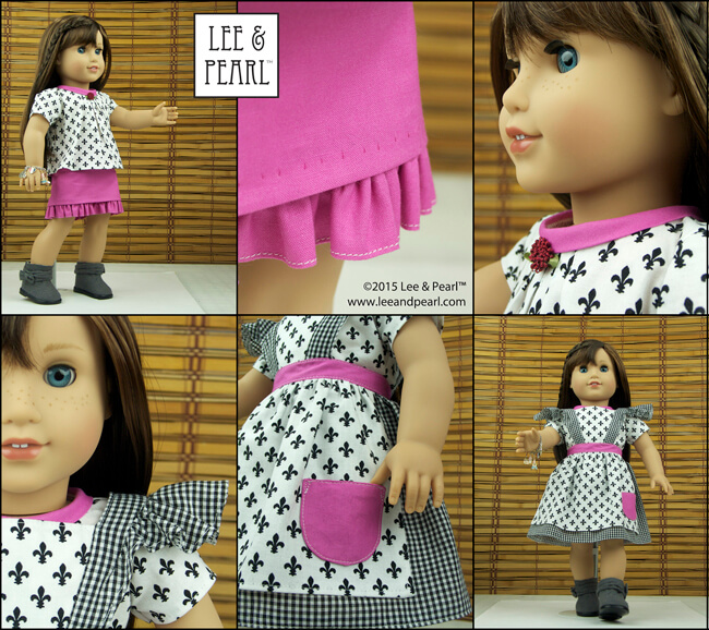 American Girl doll Grace™ wears an outfit made using our Bonjour, Paris Fabric & Trim Kit and Lee & Pearl patterns #1041: Slim Skirts for 18" Dolls, #1022: Cookie Time Apron, Pinafore and Oven Mitt, and Pattern #1033: Bonjour, Paris Mini Wardrobe for 18" Dolls. Get the fabric kit and skirt and apron patterns in our Etsy store at https://www.etsy.com/shop/leeandpearl. And get the Bonjour, Paris pattern as our 2015 FREE gift to newsletter subscribers at http://leeandpearl.com/index.html#freepattern